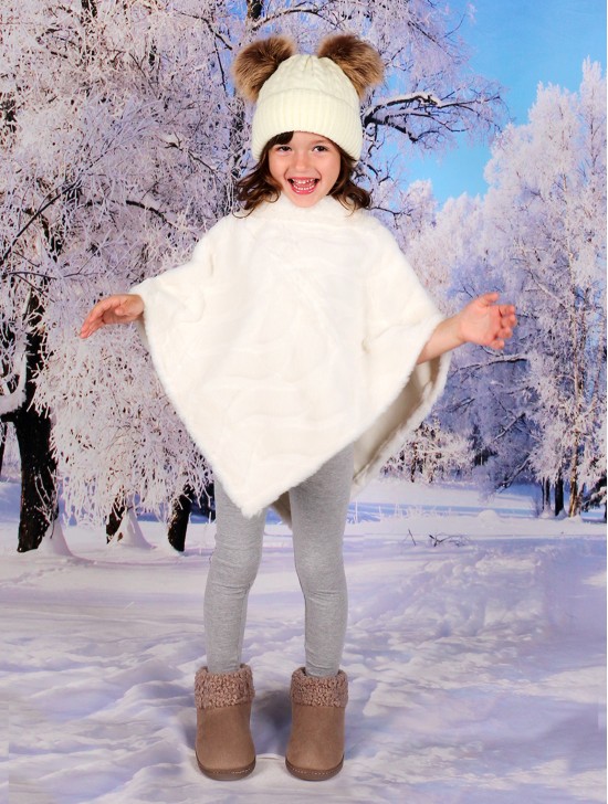 Kids Soft Faux Fur Poncho W/  Wave Pattern and Faux Fur Neckline (3-7 Years Old) 